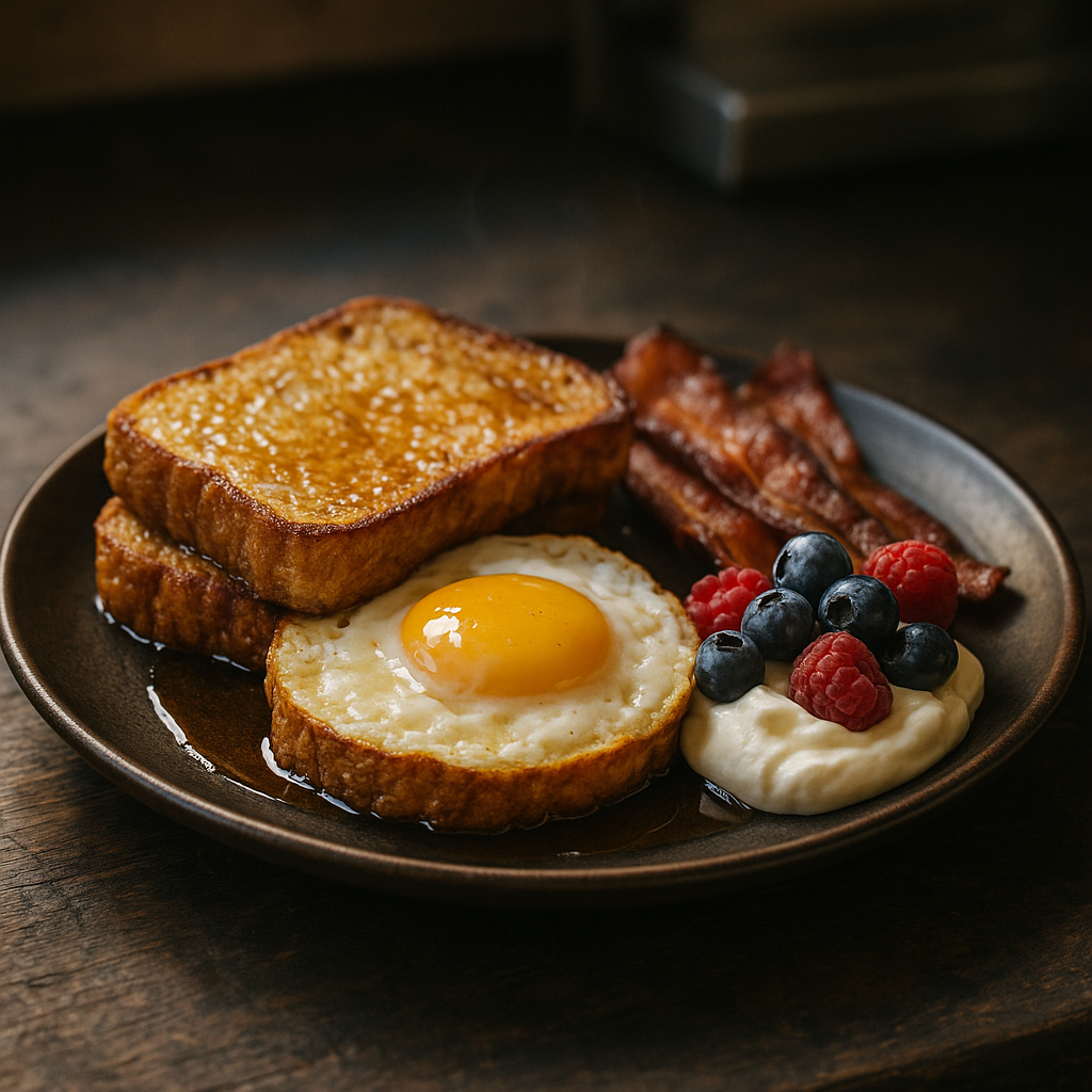 Golden protein French toast stacks with fresh berries and maple drizzle