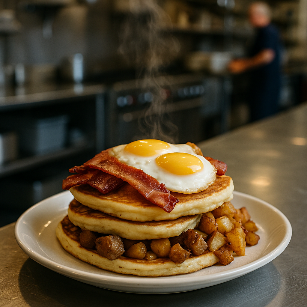 Wide firehall crew platter of Protein Pancake Tray beside eggs on a station prep table, family-style