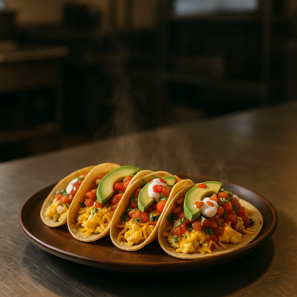 Scrambled egg tacos on corn tortillas with cheese, salsa, avocado, and sour cream