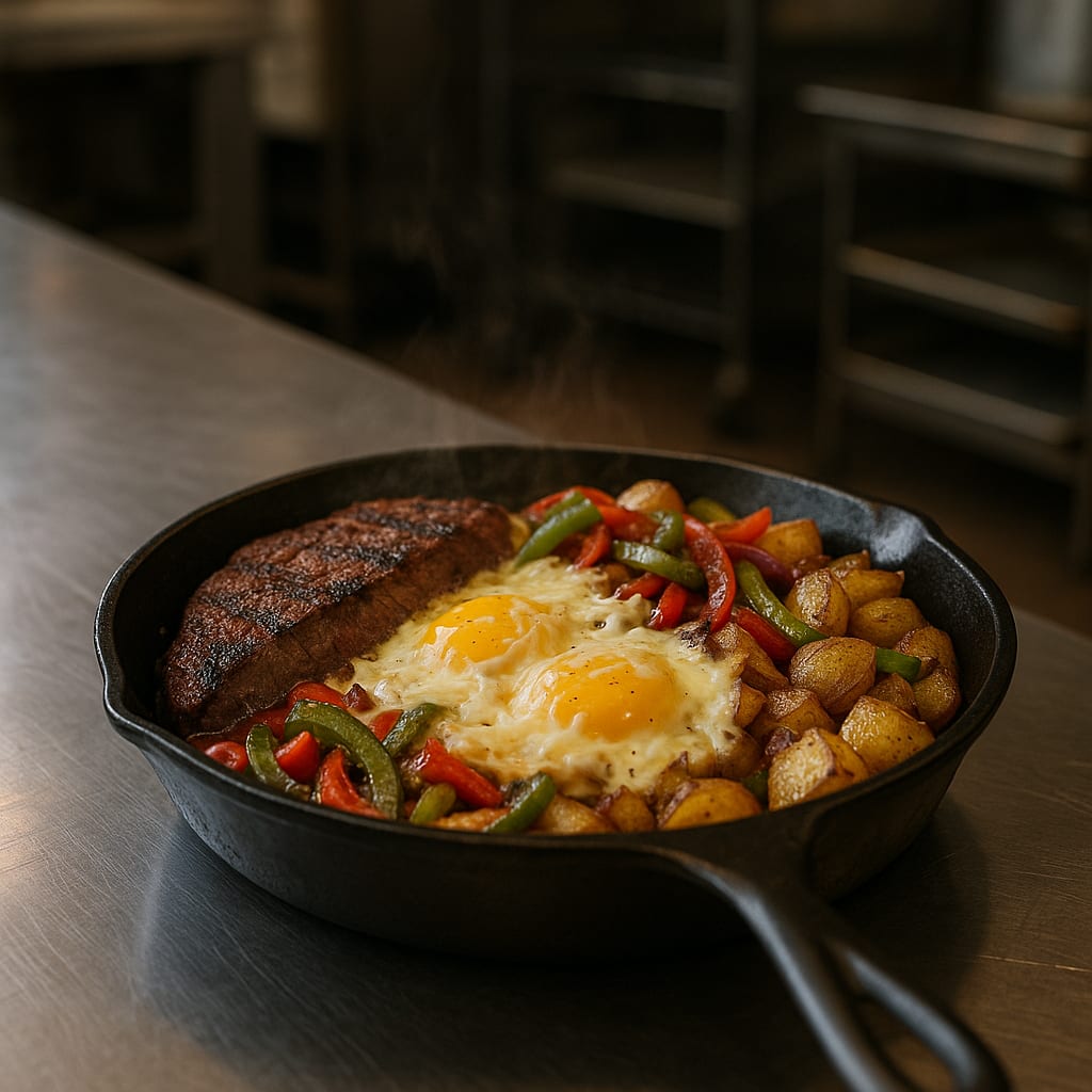 Cast-iron skillet with seared steak, potatoes, bell peppers, and eggs