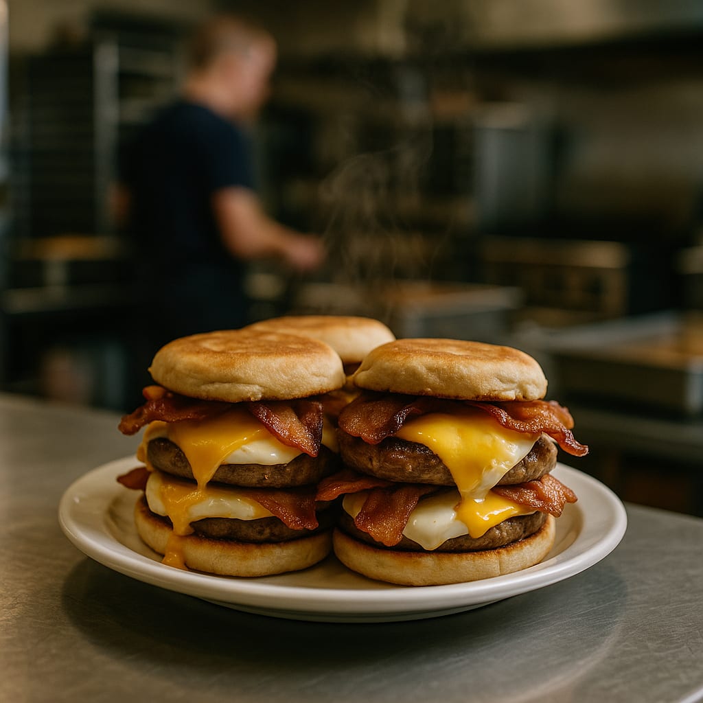 Sausage Egg & Cheese Sandwiches — english muffins, sausage patties, and bacon