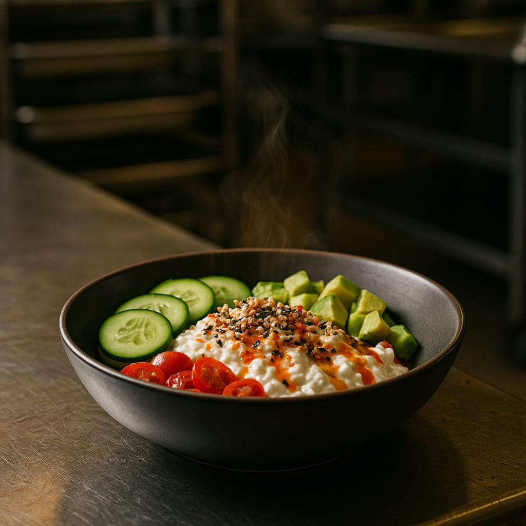 Savory cottage cheese breakfast bowl with cucumber, tomato, and avocado