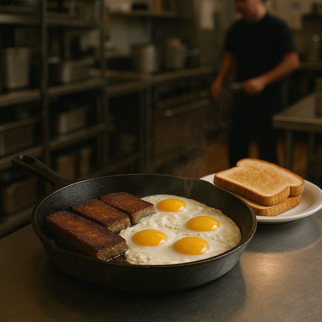 Crisp scrapple slices with fried eggs and buttered toast points
