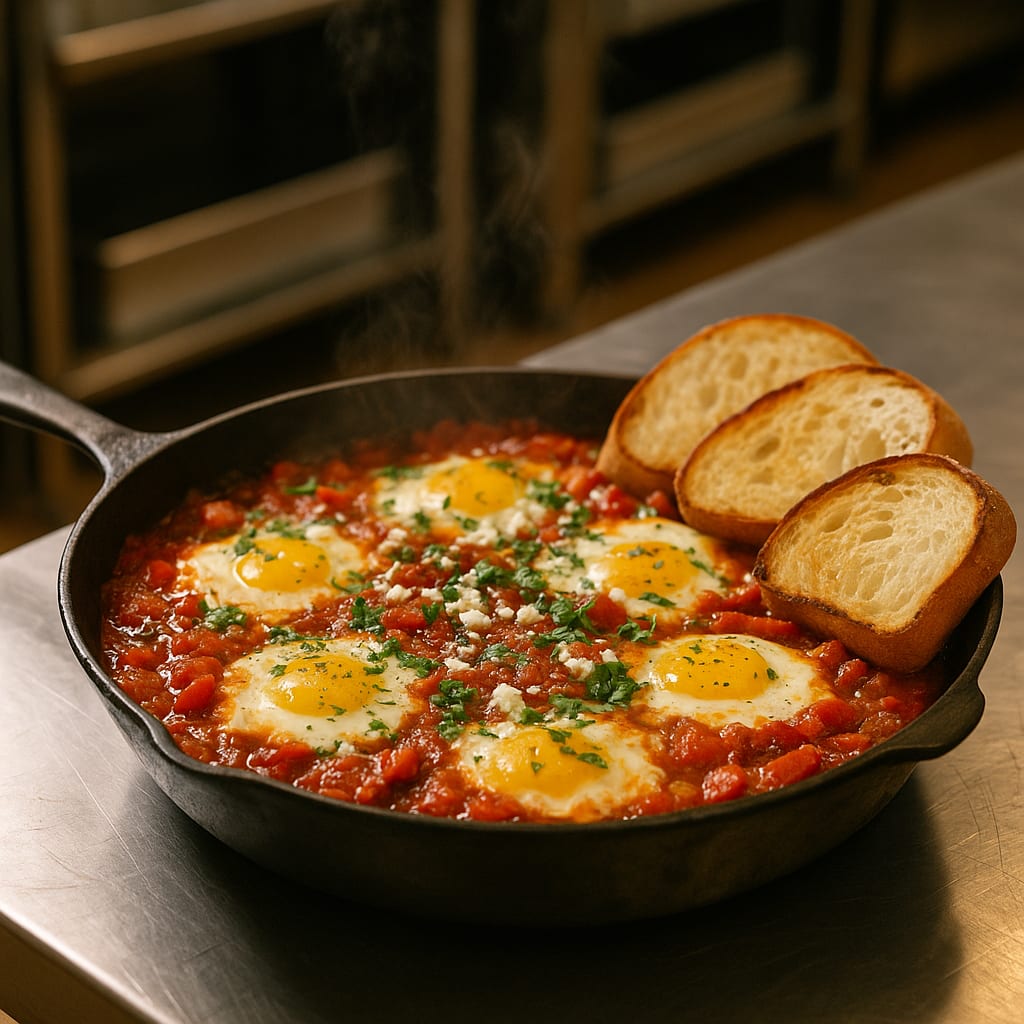 Shakshuka with poached eggs in spiced tomato sauce in a cast-iron skillet