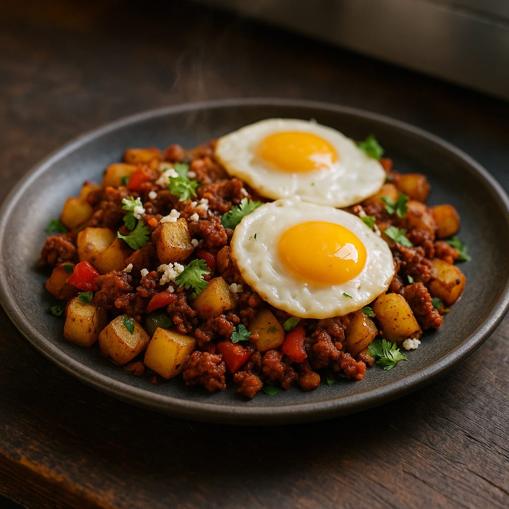 Sheet Pan Breakfast Hash — yukon gold potatoes, large eggs, breakfast sausage, and bell peppers