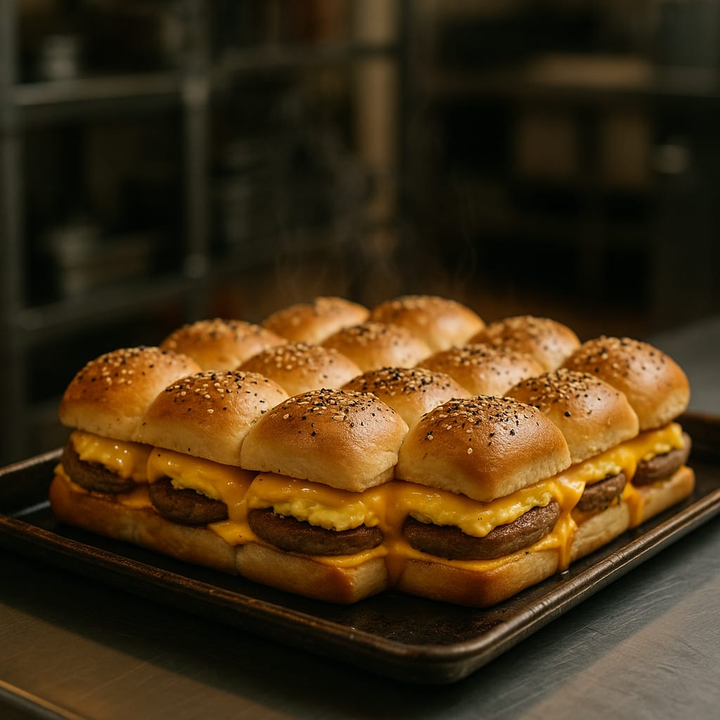 Sheet pan of pull-apart breakfast slider sandwiches with egg and sausage