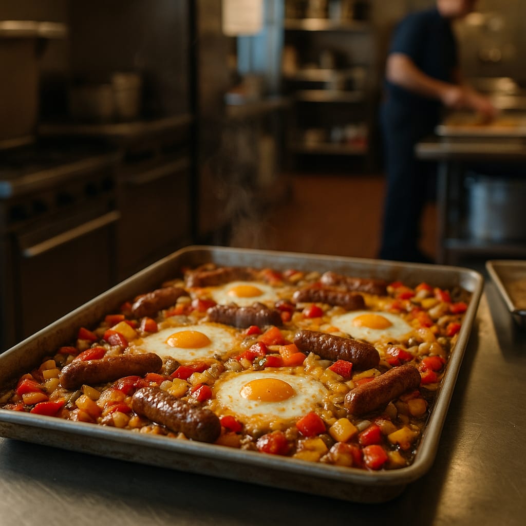Sheet-pan breakfast with baked eggs, browned sausage, roasted peppers, and onions
