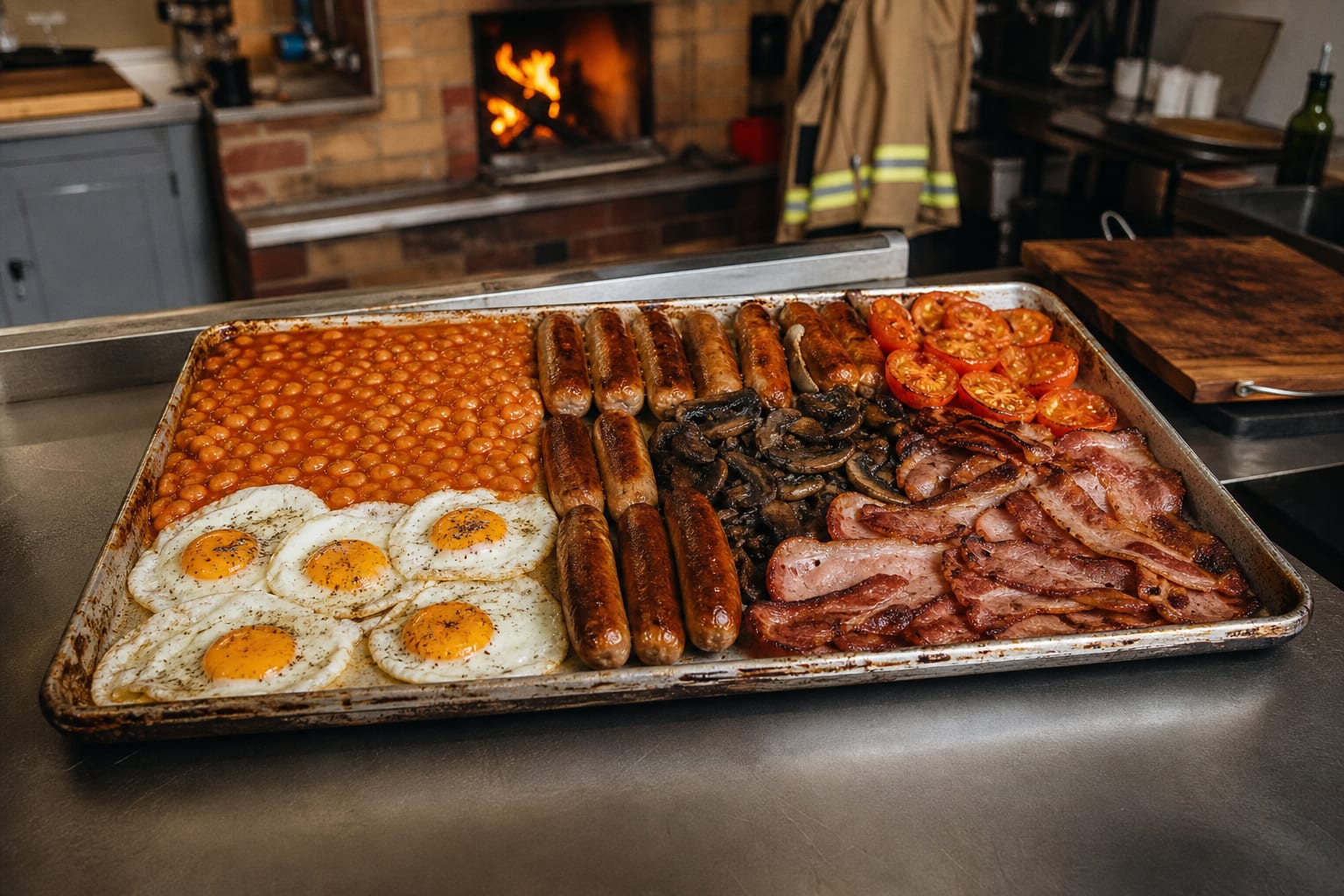 Sheet pan full English breakfast with bacon, sausage, beans, and fried eggs