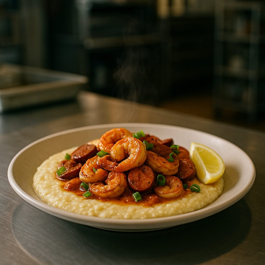 Creamy grits topped with Cajun shrimp, andouille, and scallions