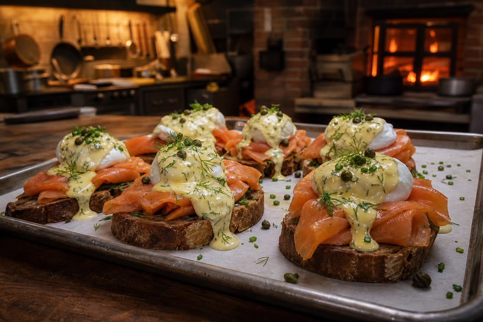 Smoked salmon Benedict with poached eggs and dill hollandaise on rye toast