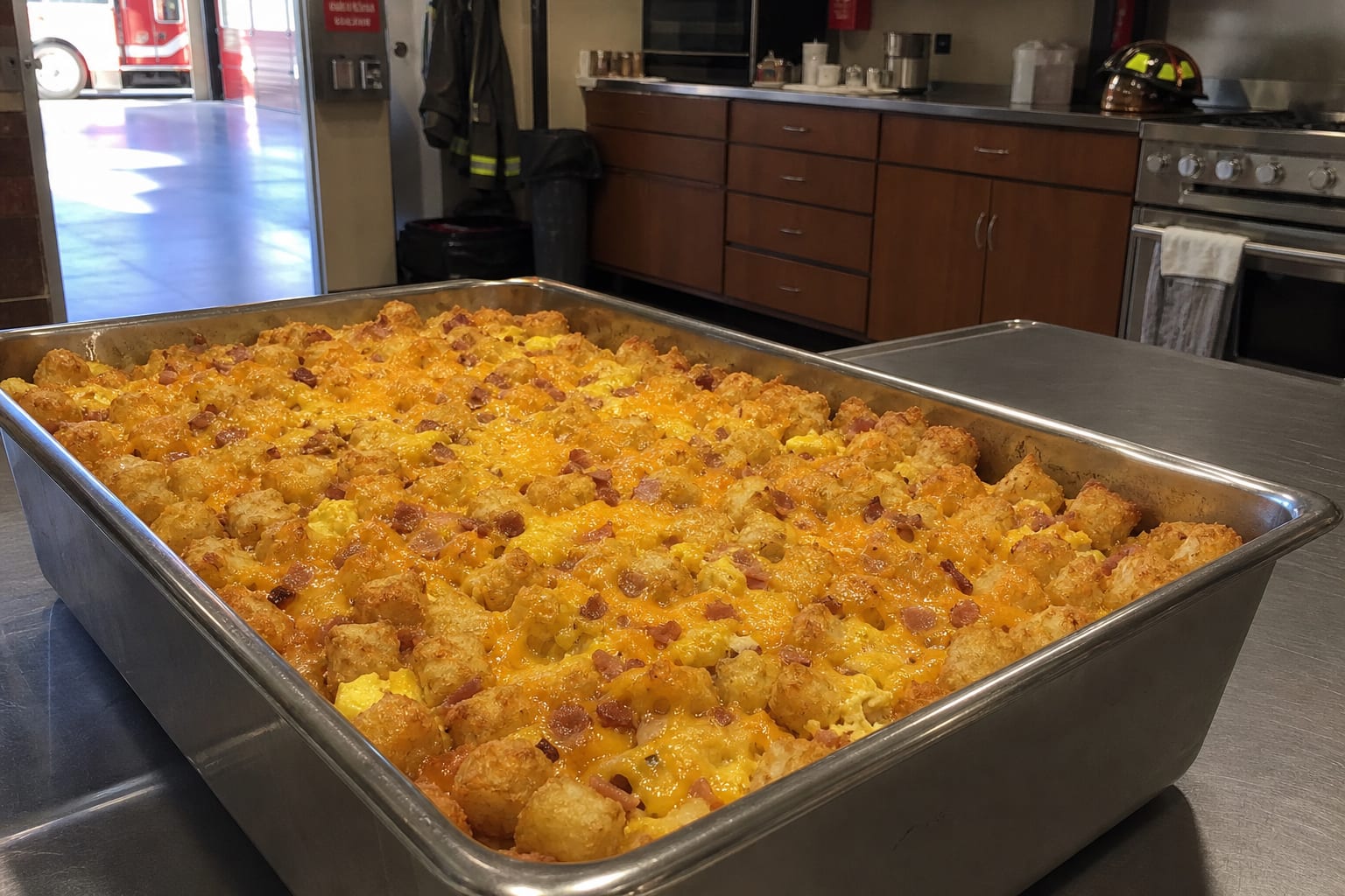 Tater tot breakfast casserole with bacon, eggs, and melted cheddar