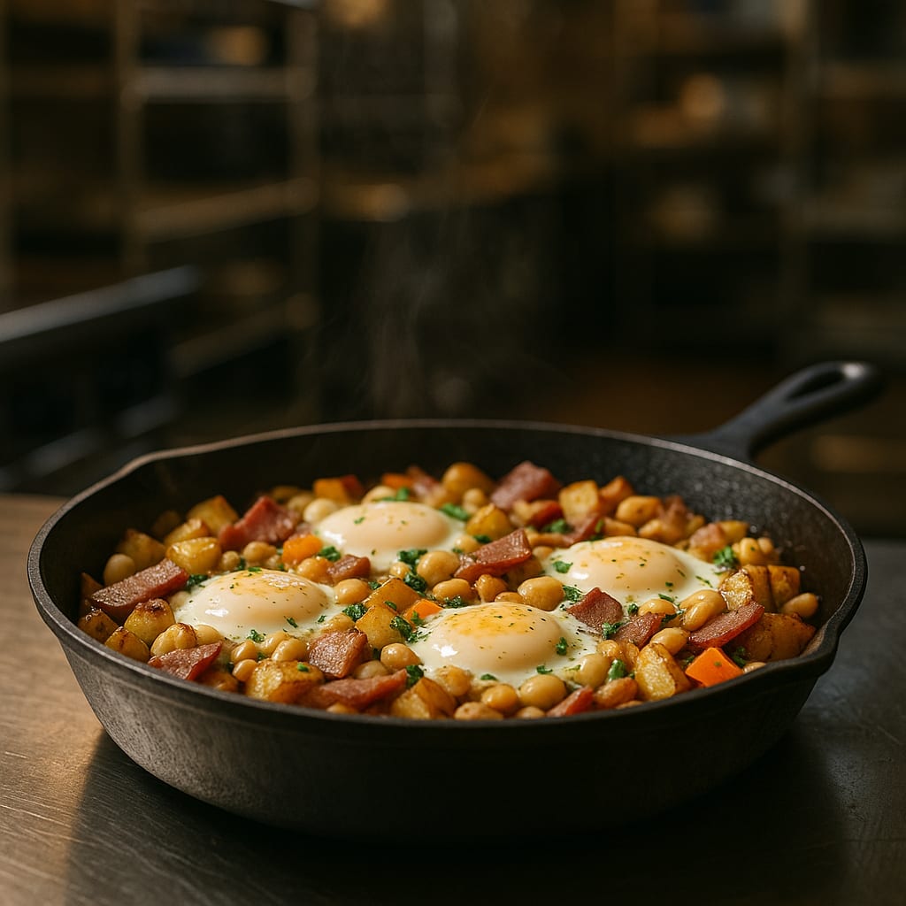Skillet of turkey bacon and white bean breakfast hash with eggs cooked on top