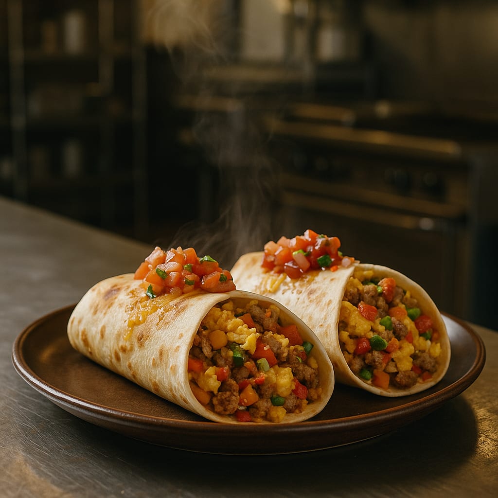 Turkey sausage breakfast burritos wrapped in flour tortillas