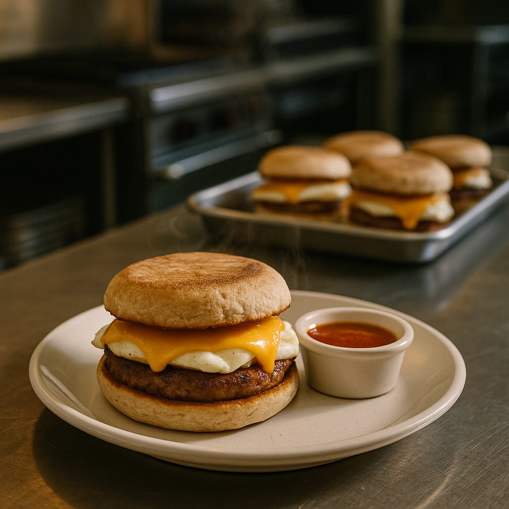 Turkey sausage and egg white breakfast sandwich on a toasted English muffin