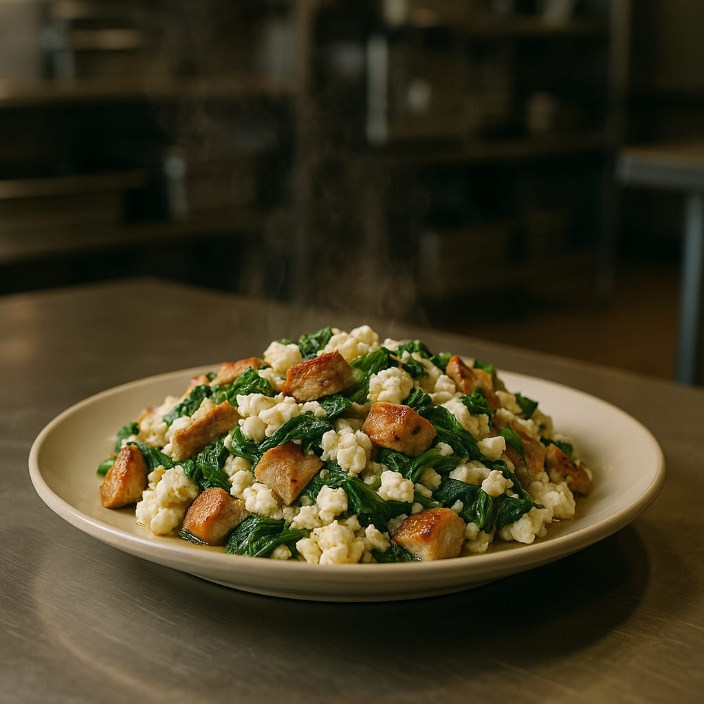Skillet of turkey sausage, spinach, and feta egg white scramble