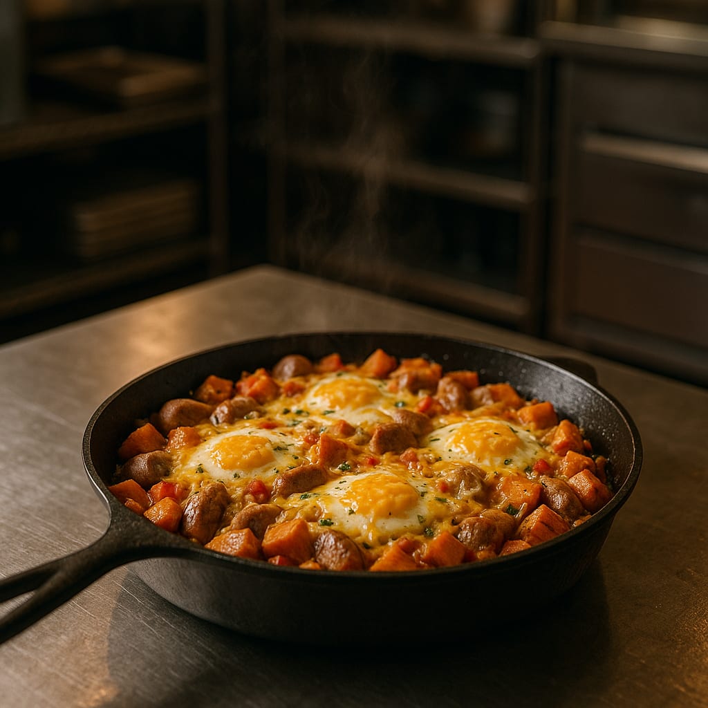 Cast-iron skillet with turkey sausage, sweet potato, bell pepper, eggs, and cheese