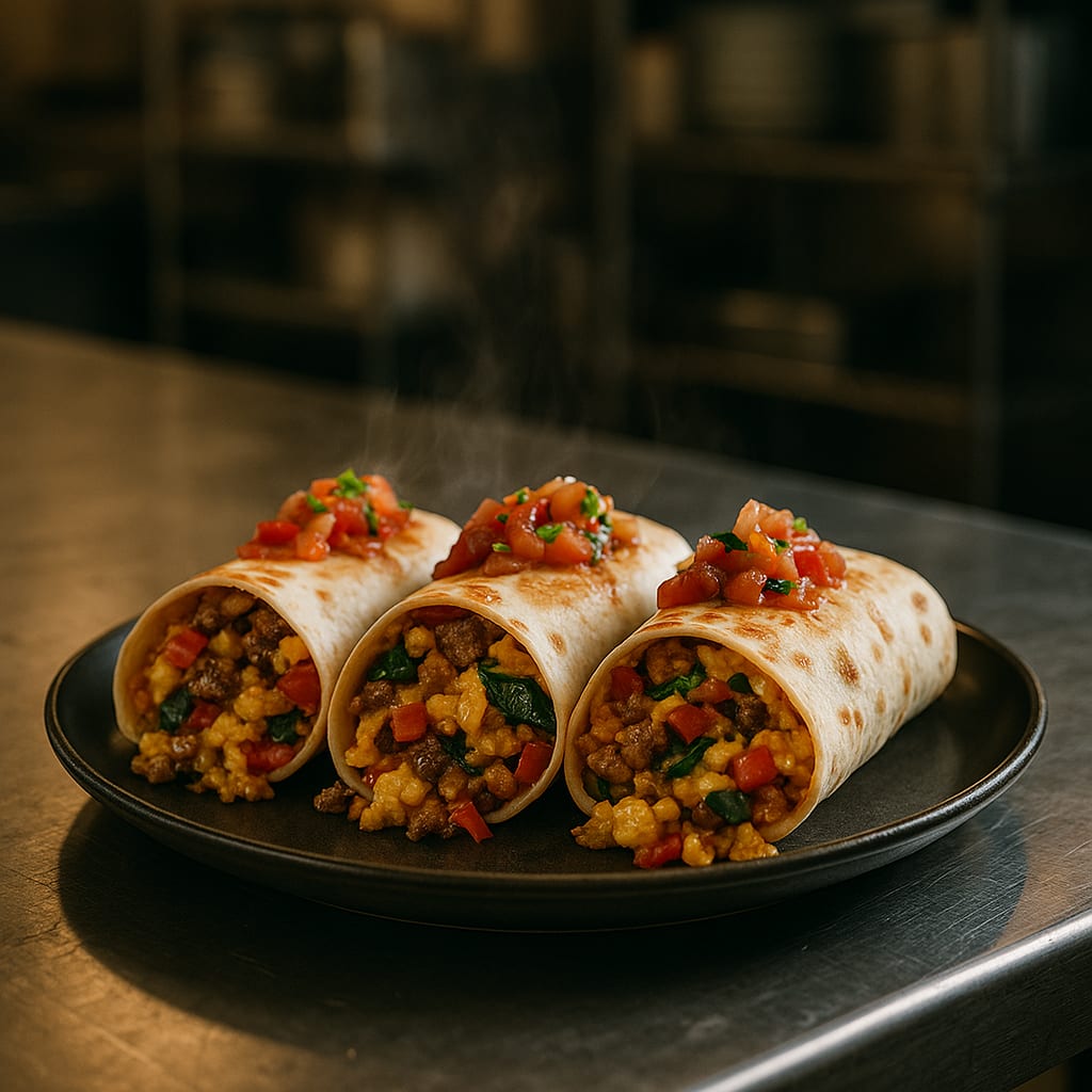 Egg burritos in flour tortillas with hash browns, bell peppers, onion, and cheese