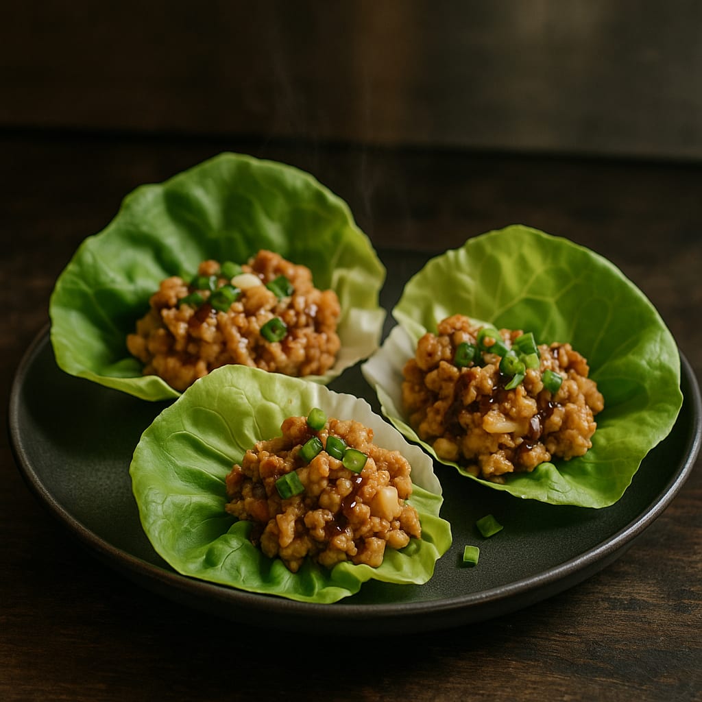 Chicken Lettuce Cups — ground chicken, butter lettuce, green onions, and hoisin sauce