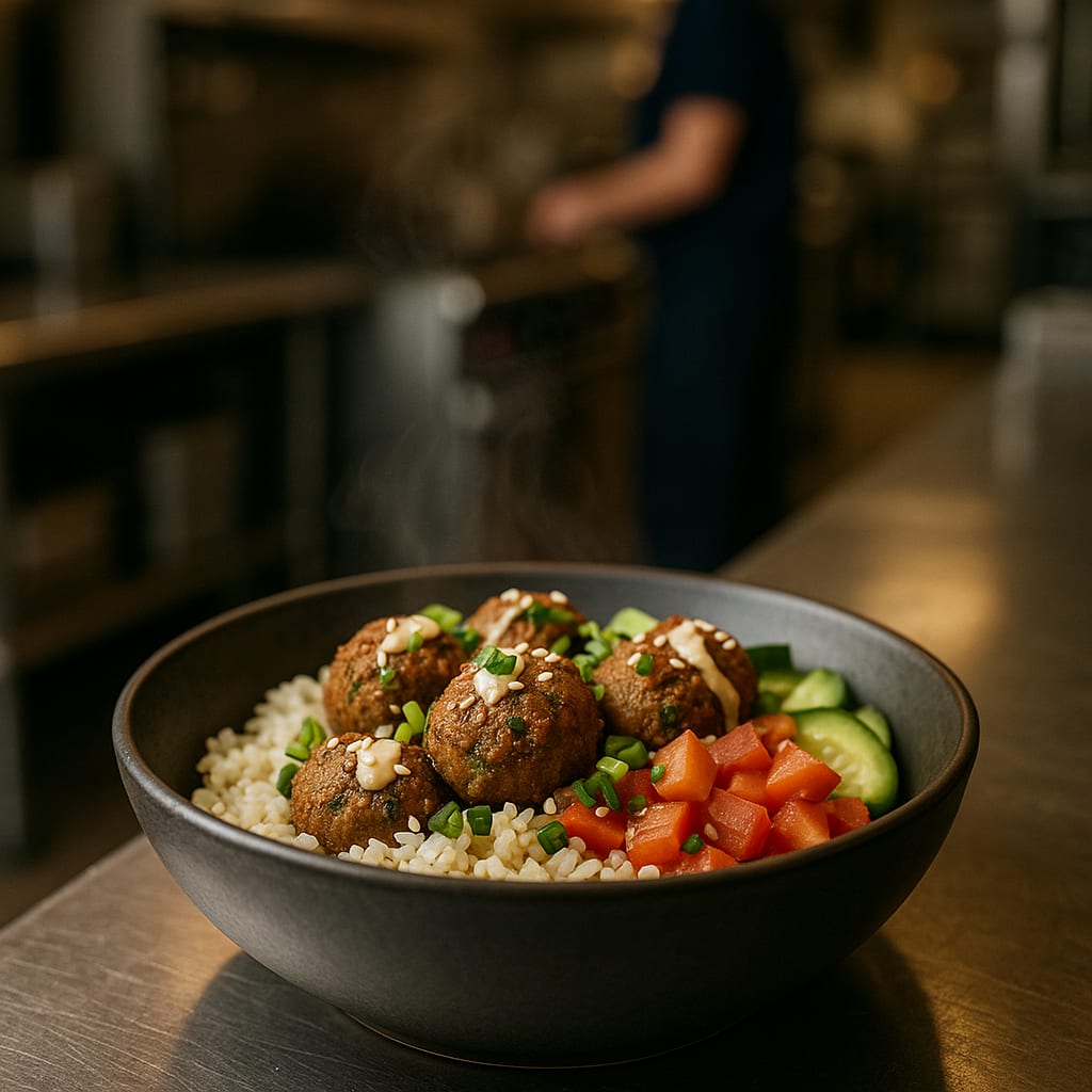 Falafel Bowls — tahini drizzle, cucumber, tomato, and rice