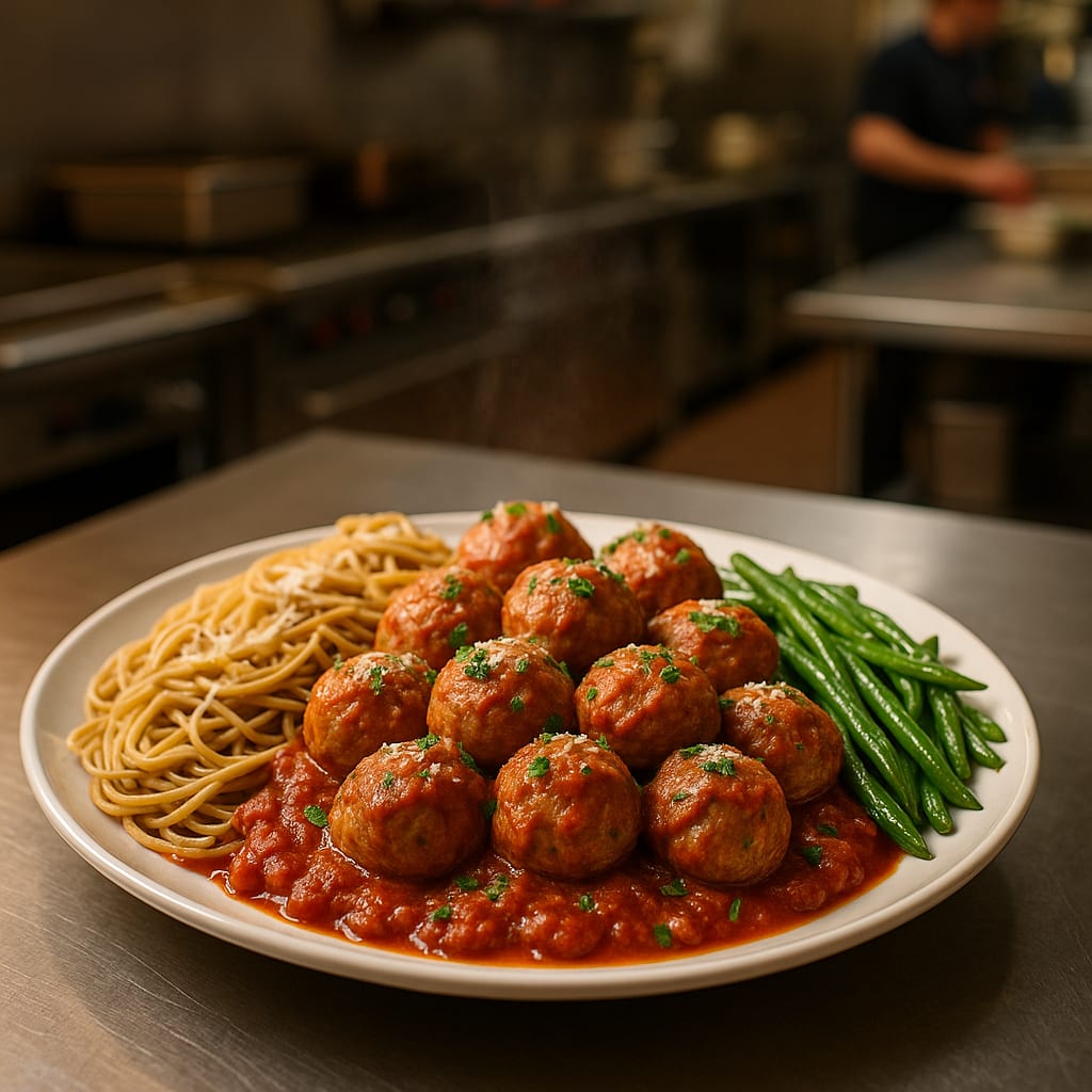 Baked Turkey Meatball Marinara — tomato sauce, spaghetti, and green beans