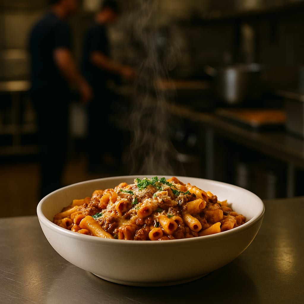 Baked Ziti — ground beef, marinara sauce, mozzarella, parmesan, and basil
