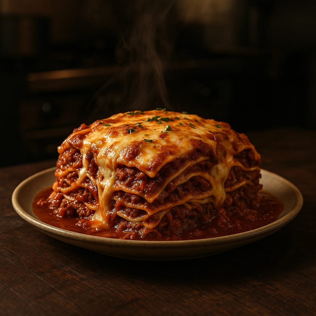 Batch Lasagna — lasagna noodles, ground beef and italian sausage, marinara sauce, mozzarella, and parmesan