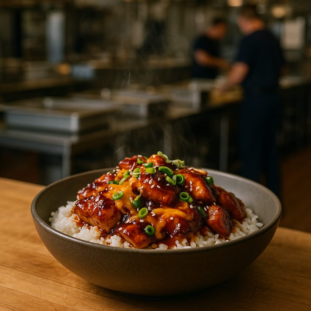 BBQ Chicken Bowls — rice, bbq sauce, green onions, and sesame seeds