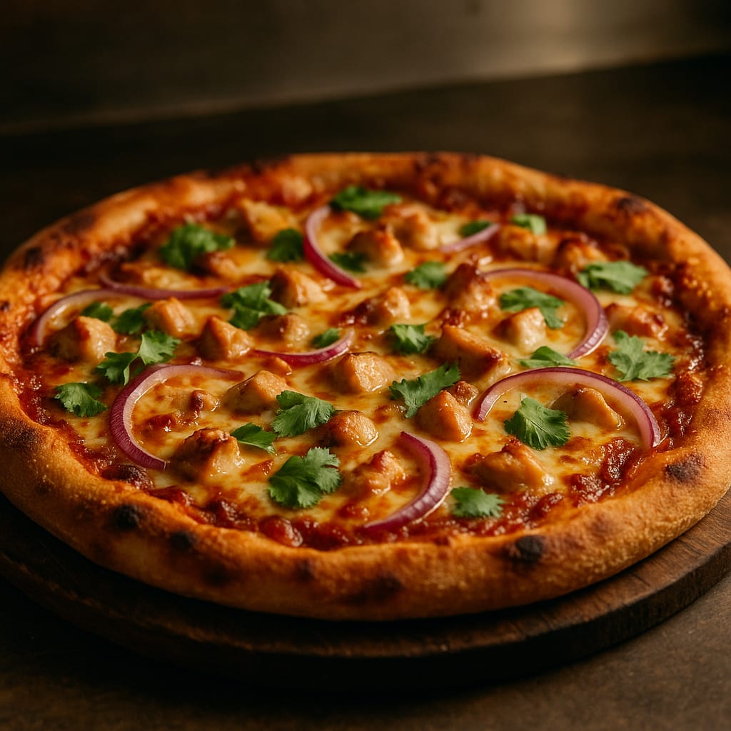 BBQ Chicken Pizza — pizza dough, cooked chicken breast, bbq sauce, mozzarella, red onion, and fresh cilantro