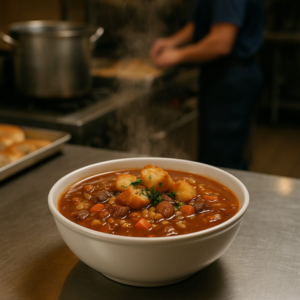 Beef Barley Soup — beef stew meat, carrots, celery, broth, pearl barley, and croutons