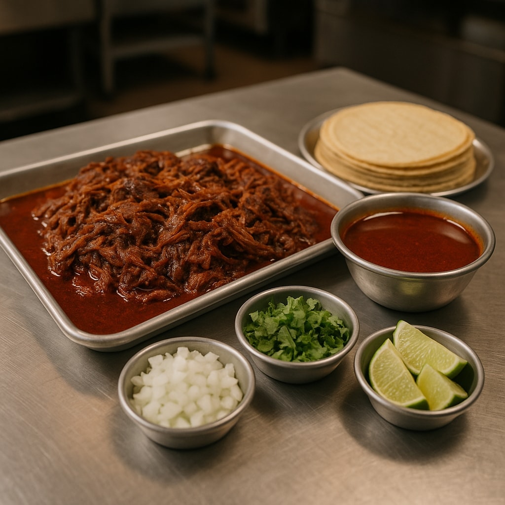 Beef Birria with Consommé for Dipping — chile-braised beef shredded and served with its own dipping broth