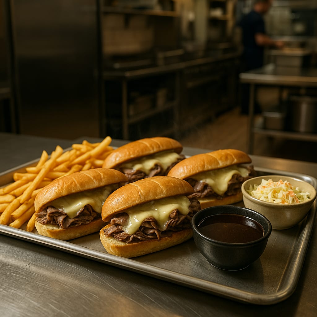 Beef Dip Sandwiches — hoagie rolls, provolone slices, steak fries, coleslaw, and au jus