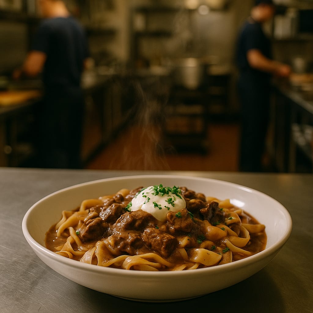 Beef Stroganoff — beef sirloin, wide egg noodles, sour cream, and fresh parsley
