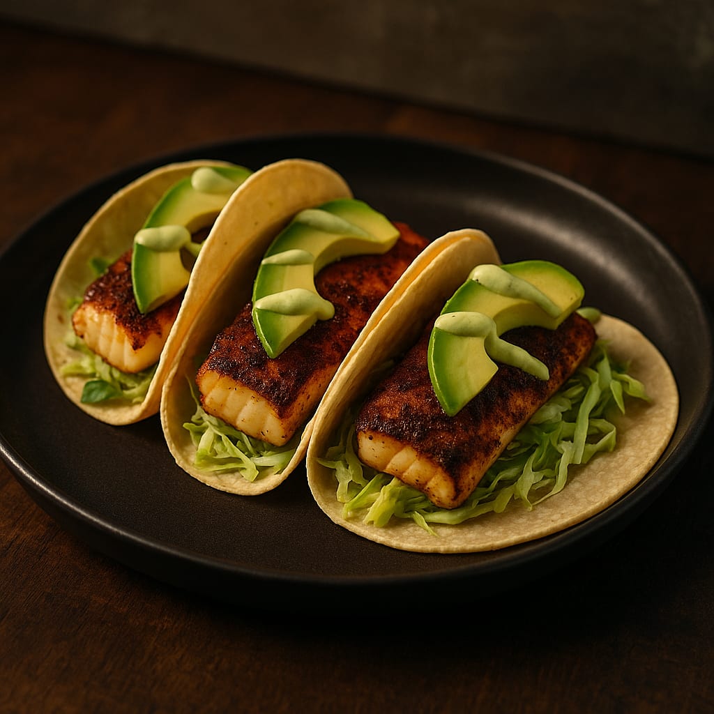 Blackened Cod Tacos — cod fillets, green cabbage, avocado, and corn tortillas