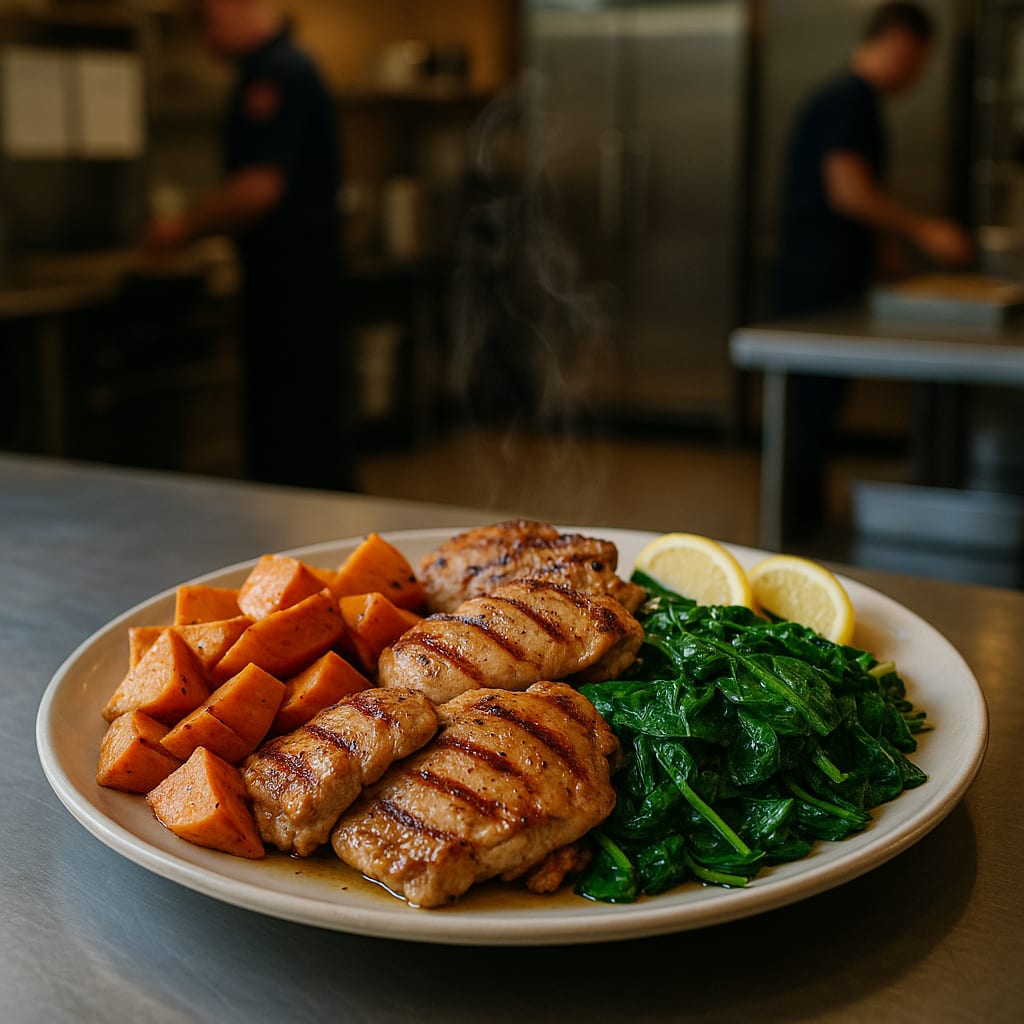 Chicken Thighs with Sweet Potato and Spinach — sweet potatoes and lemon wedges