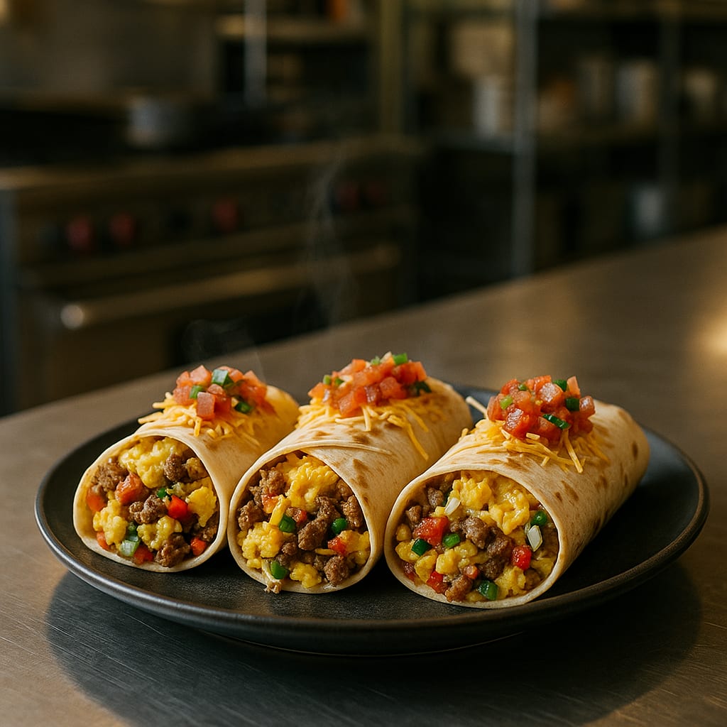 Breakfast Burrito Bar — scrambled eggs, sausage, bell peppers, shredded cheese, flour tortillas, and salsa