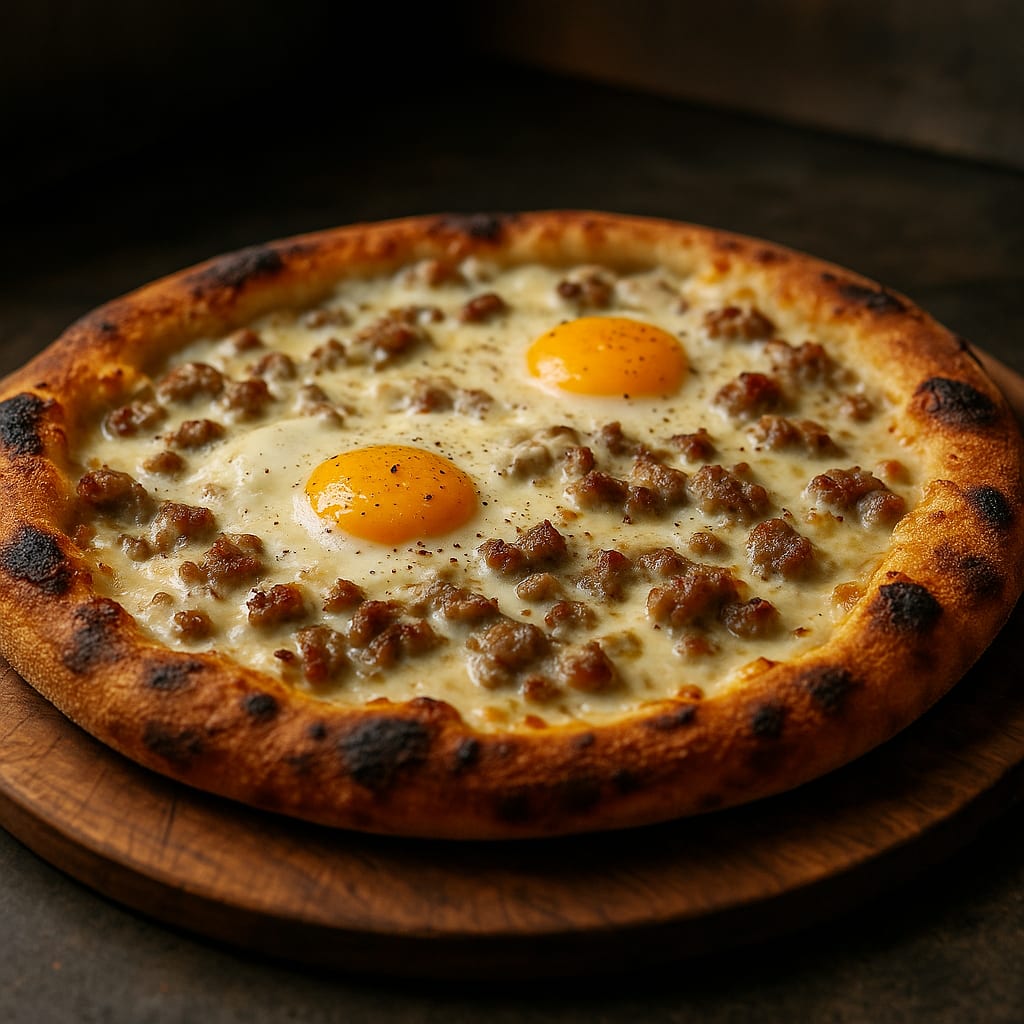 Breakfast Sausage Gravy Pizza — pizza crust and eggs