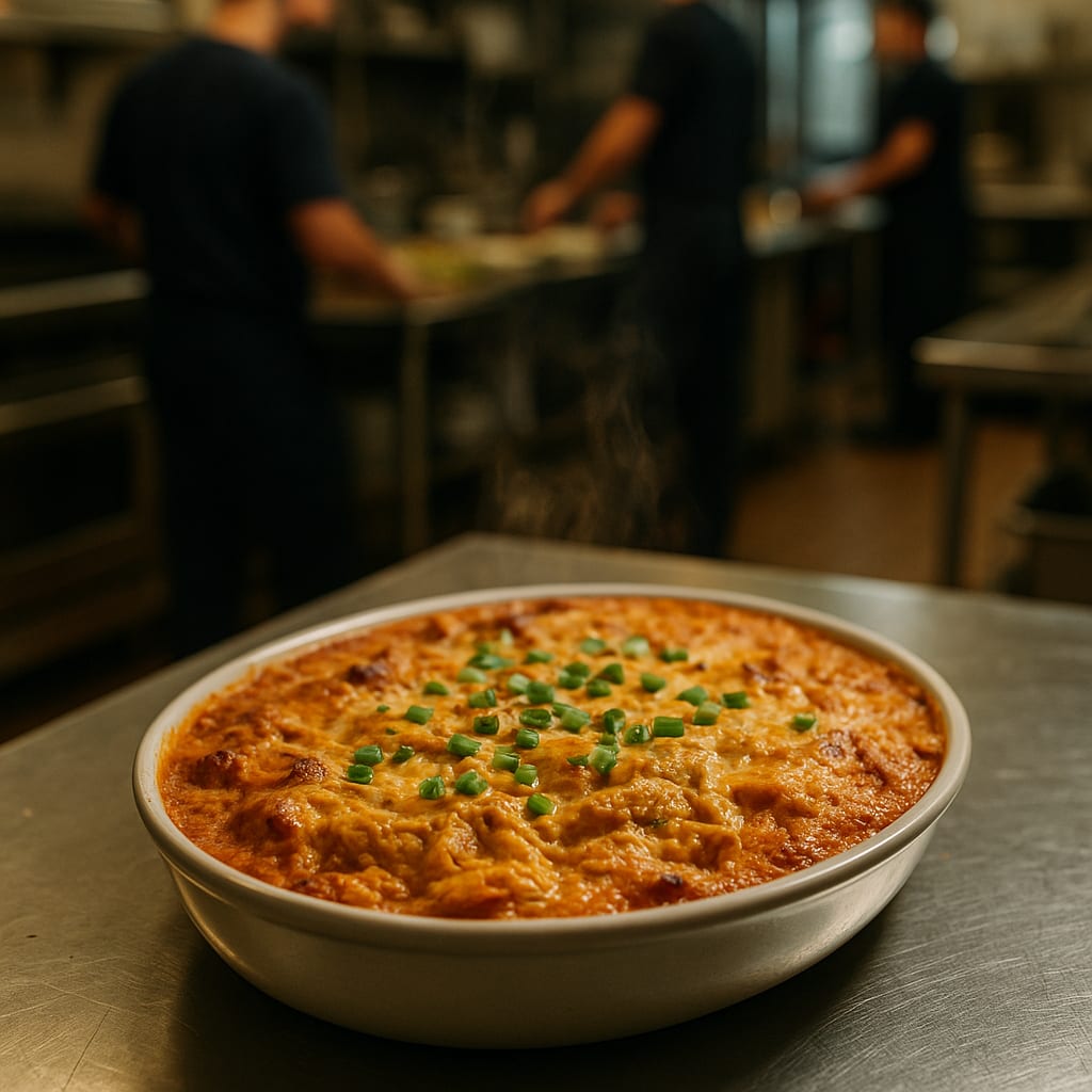 Buffalo Chicken Dip — shredded cheddar and green garnish