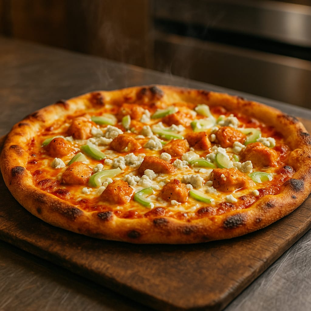 Buffalo Chicken Pizza — pizza crust, cooked chicken breast, frank's-style hot sauce, blue cheese crumbles, celery, and mozzarella cheese