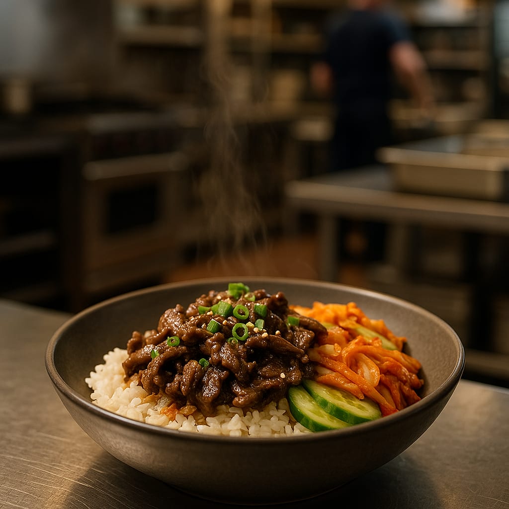 Bulgogi Bowls — short-grain rice, ribeye or sirloin, kimchi, cucumber, and green onions