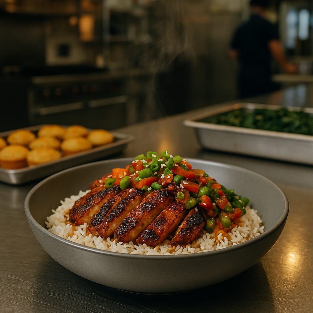 Cajun Chicken and Rice — boneless chicken thighs, long-grain white rice, red bell pepper, and green bell pepper