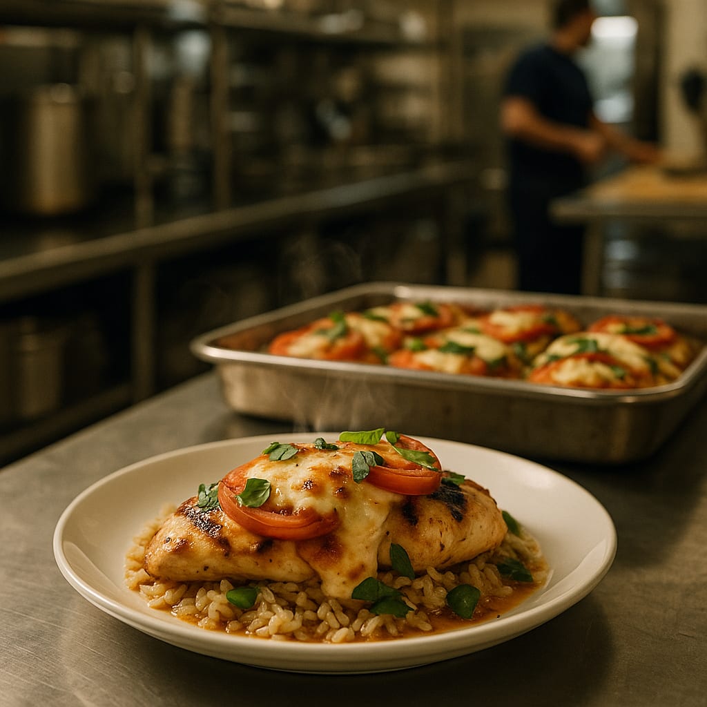 Caprese Chicken Bake — chicken breast, tomato, mozzarella, basil, and rice