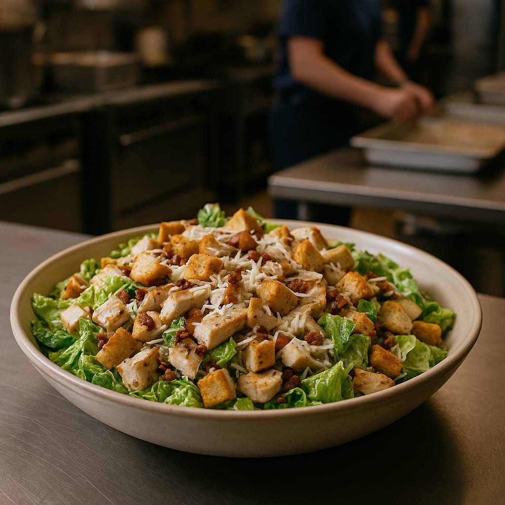 Chicken Caesar Salad — romaine hearts, grilled chicken, croutons, bacon, and shaved parmesan
