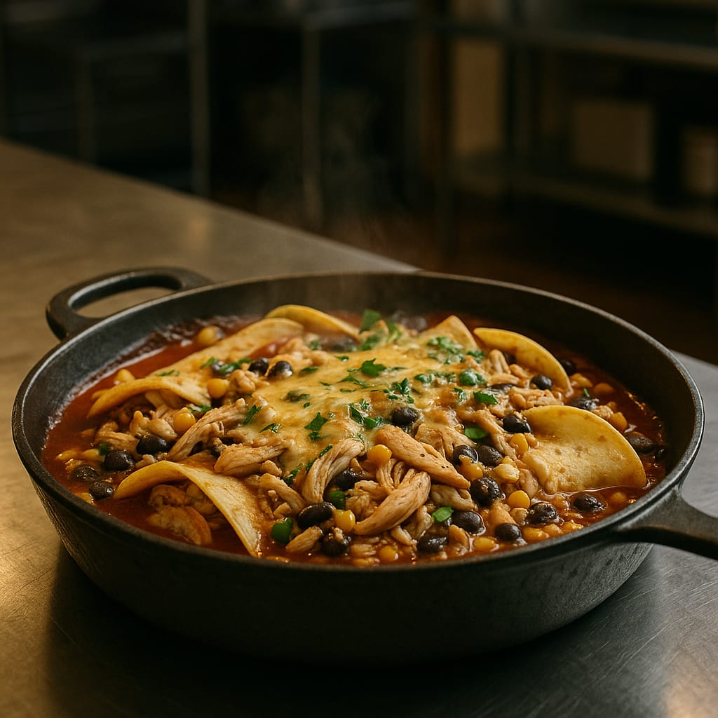 Chicken Enchilada Skillet — shredded chicken, corn tortillas, red enchilada sauce, black beans, corn, and Monterey Jack cheese