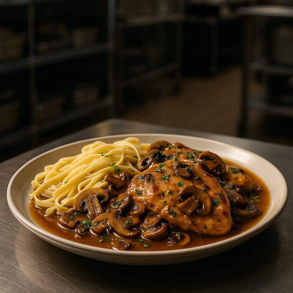 Chicken Marsala (Lightened) — chicken thighs, cremini mushrooms, parsley, sauce, and noodles