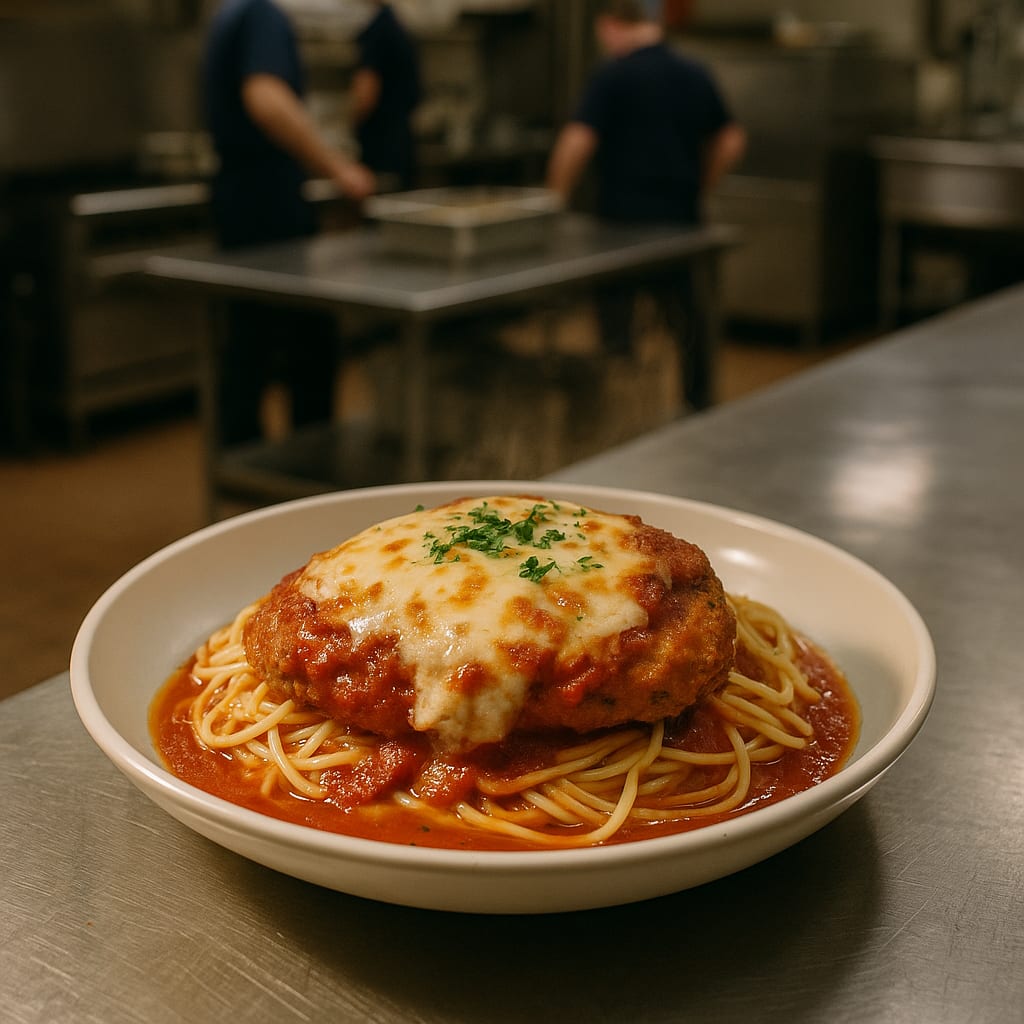 Chicken Parmesan — spaghetti, marinara sauce, fresh mozzarella, and parsley