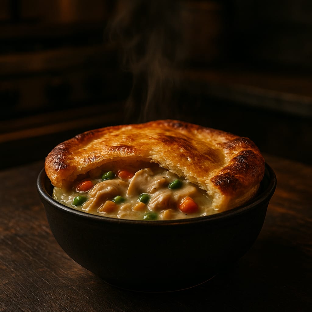 Chicken Pot Pie — peas, carrots, and pie crust