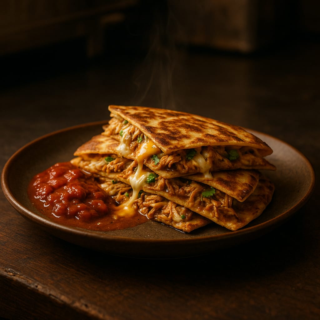 Chicken Quesadillas — flour tortillas, monterey jack, sharp cheddar, and salsa