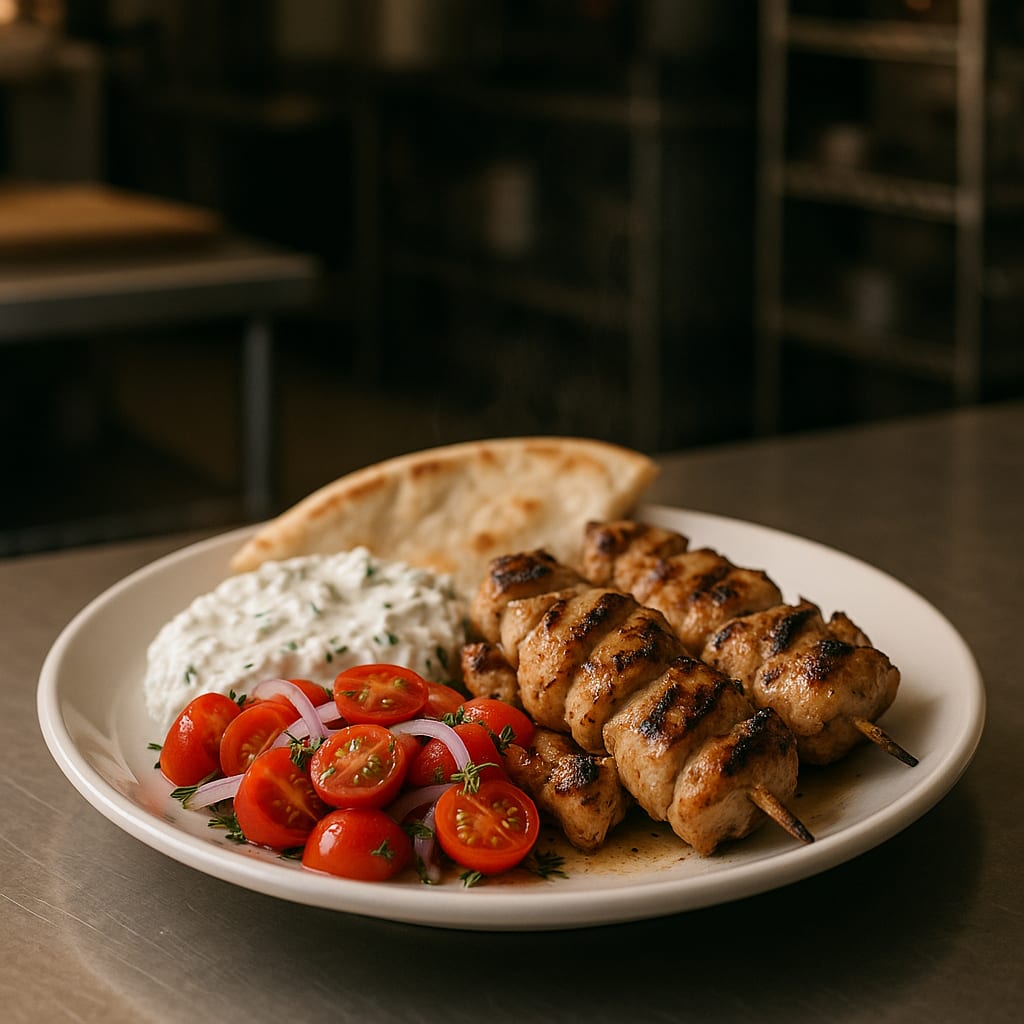 Chicken Souvlaki — boneless chicken thighs, plain greek yogurt, english cucumber, fresh dill, pita bread, cherry tomatoes, and red onion