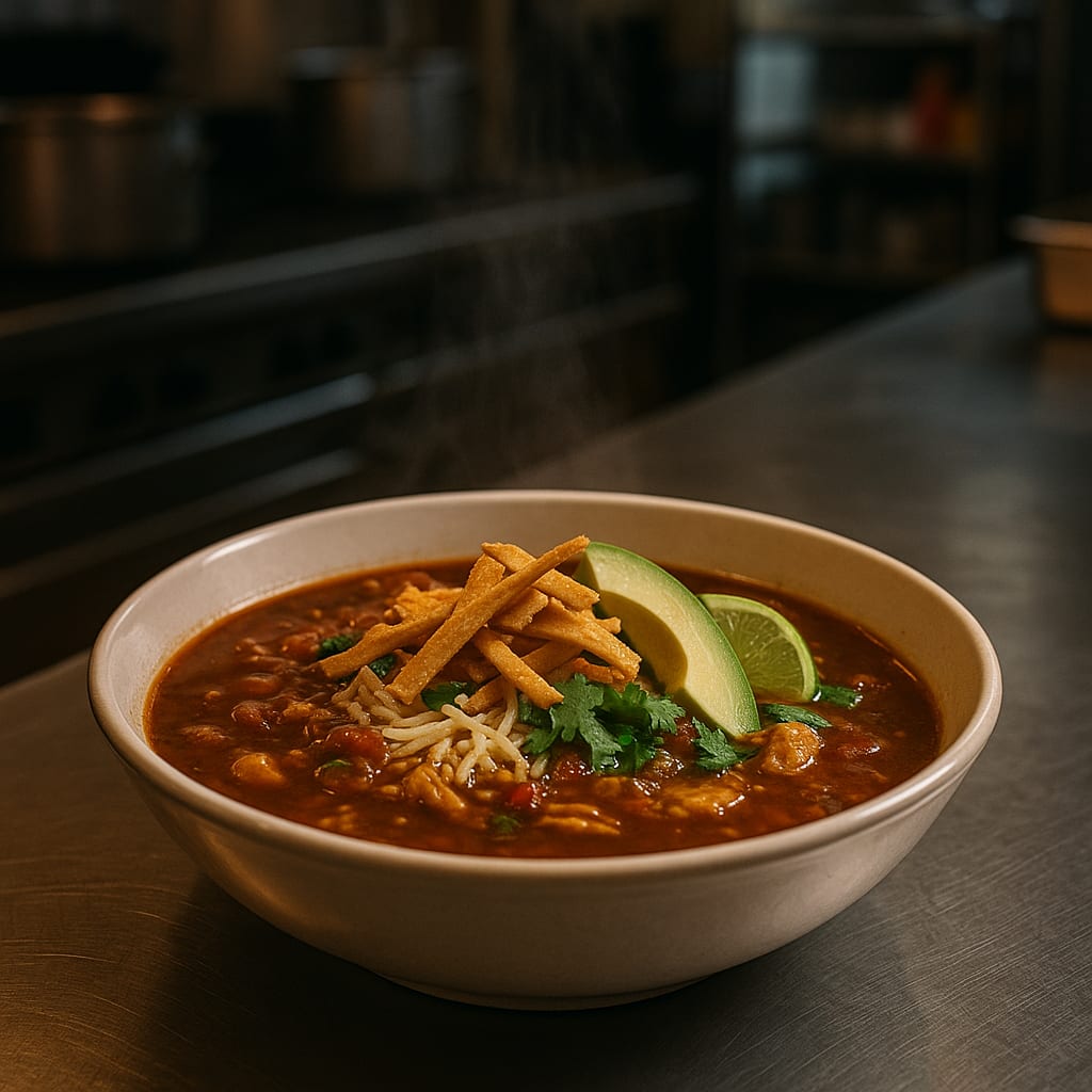 Chicken Tortilla Soup for the Hall — tortilla strips, avocado, cilantro, lime, and shredded cheese