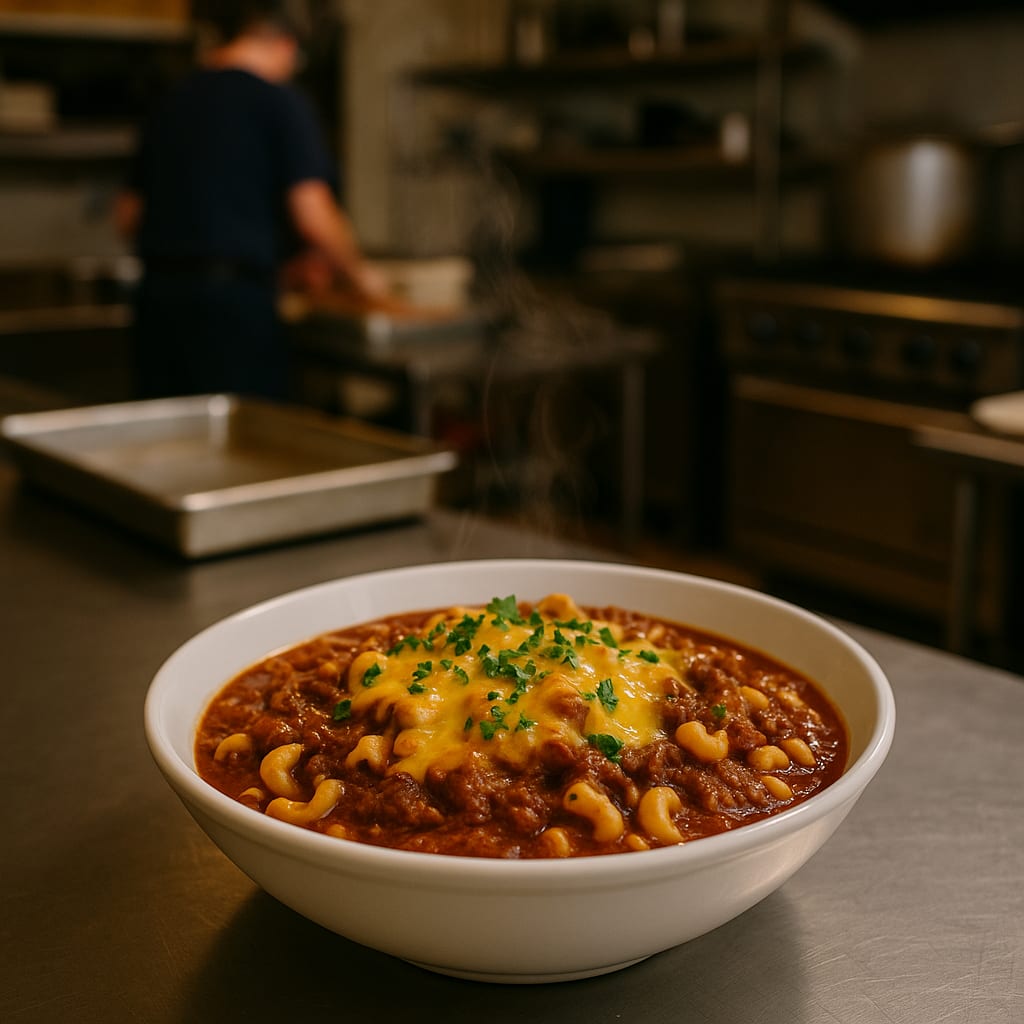 Chili Mac Skillet — elbow macaroni, ground beef, shredded cheddar, and green onions